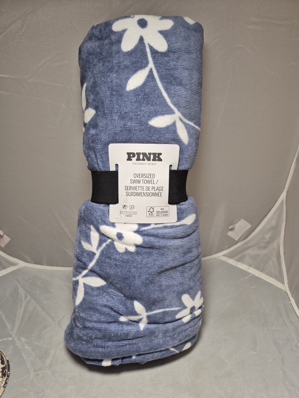 💥 Victoria's Secret PINK Oversized Swim Towel Blue Floral Leaf Logo 39x71 NWT